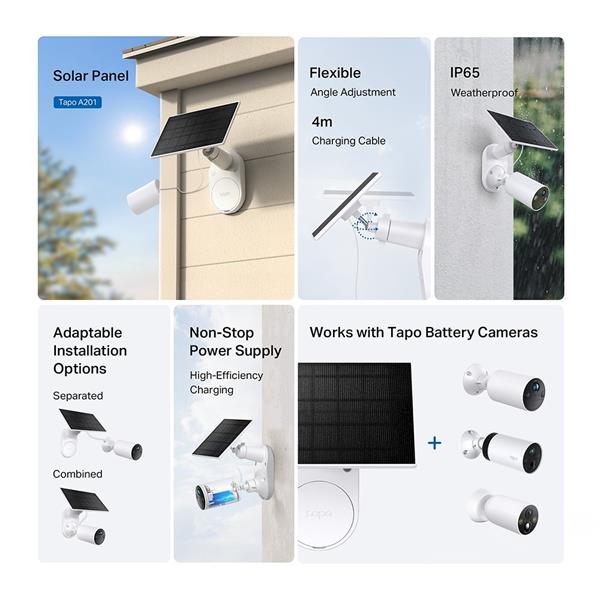 "Tapo Solar Panel SPEC: 5.2V 2.5W FEATURE: Type-C Charging Port, Non-Stop Power, Flexible Solar Installation, Works wit