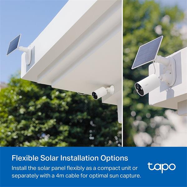 "Tapo Solar Panel SPEC: 5.2V 2.5W FEATURE: Type-C Charging Port, Non-Stop Power, Flexible Solar Installation, Works wit