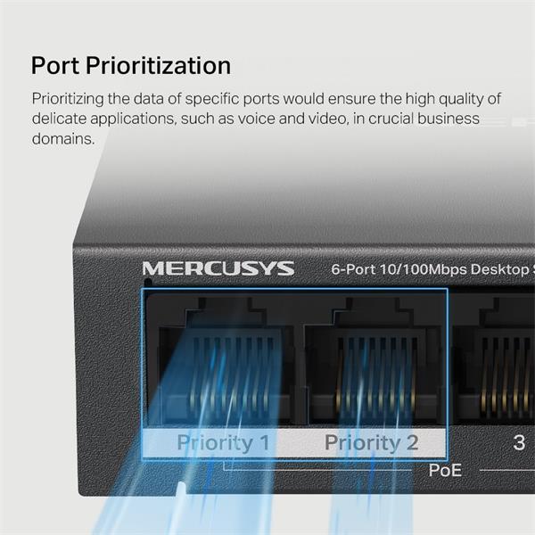 6-Port 10/100 Mbps Desktop Switch with 4-Port PoE+ PORT: 4× 10/100 Mbps PoE+ Ports, 2× 10/100 Mbps Non-PoE Ports SPEC: C
