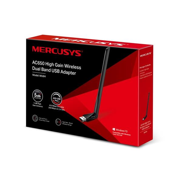 AC650 High Gain Wireless Dual Band USB Adapter SPEED: 200 Mbps at 2.4 GHz + 433 Mbps at 5 GHz SPEC: 1× High Gain Externa