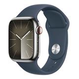 Apple Watch Series 9 GPS + Cellular 45mm Silver Stainless Steel Case with Storm Blue Sport Band - S/M
