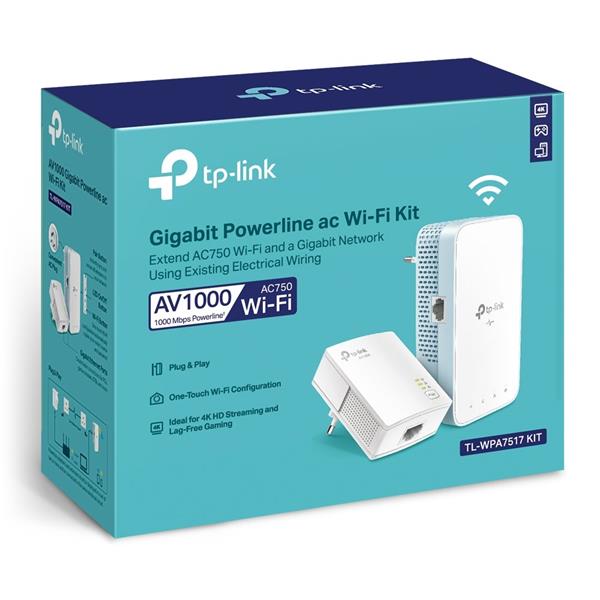 AV1000 Gigabit Powerline AC750 Wi-Fi Kit KIT: 1× TL-WPA7517 + 1× TL-PA7017 TL-WPA7517: SPEED: 300 Mbps at 2.4 GHz + 433