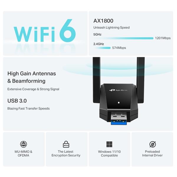 AX1800 Dual Antennas High Gain Wireless USB Adapter SPEED: 1201 Mbps at 5 GHz + 574 Mbps at 2.4 GHz SPEC: 2× High Gain