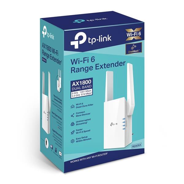 AX1800 Wi-Fi 6 Range Extender SPEED: 574 Mbps at 2.4 GHz + 1201 Mbps at 5 GHz SPEC: 2 × External Antennas, 1 × Gigabit P