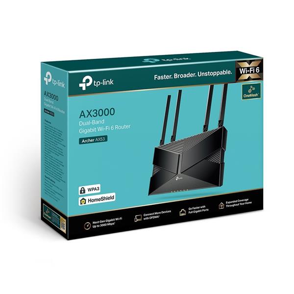 AX3000 Dual-Band Wi-Fi 6 Router SPEED: 574 Mbps at 2.4 GHz + 2402 Mbps at 5 GHz SPEC: 4× Antennas, 1× Gigabit WAN Port