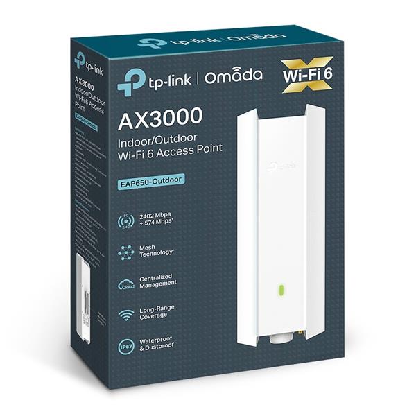 AX3000 Indoor/Outdoor Dual-Band Wi-Fi 6 Access Point PORT: 1× Gigabit RJ45 Port SPEED: 574Mbps at 2.4 GHz + 2402 Mbps