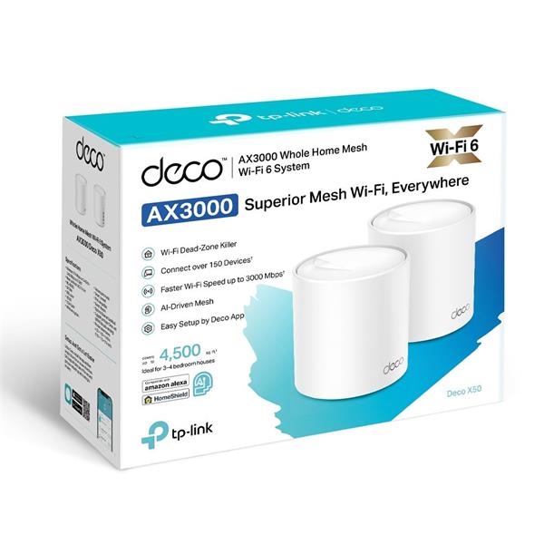 AX3000 Whole Home Mesh Wi-Fi 6 System SPEED: 574 Mbps at 2.4 GHz + 2402 Mbps at 5 GHz SPEC: 2× Internal Antennas, 3× Gig