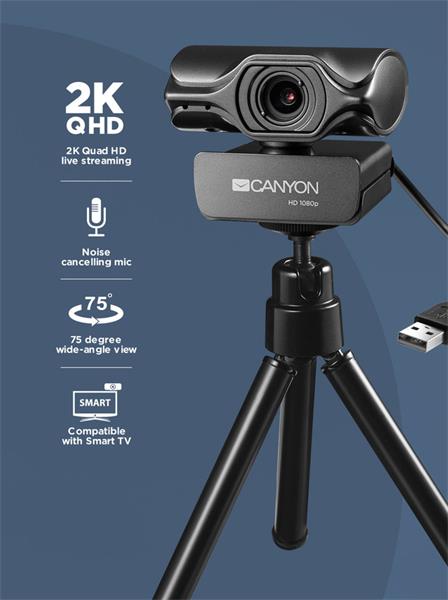 Canyon C6, webkamera, 2K Ultra Full HD, Live Streaming, 3.2 Megapixels, USB 2.0, 360° rozsah, mikrofón, statív