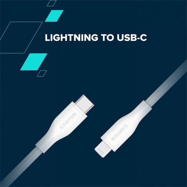 Canyon CLNM60SC10, 1 m kábel, USB-C / Lightning, MFi Apple schválený, 60 W, 480 Mbps, silikónový, biely