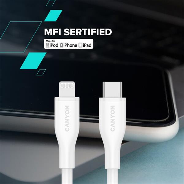 Canyon CLNM60SC10, 1 m kábel, USB-C / Lightning, MFi Apple schválený, 60 W, 480 Mbps, silikónový, modrý