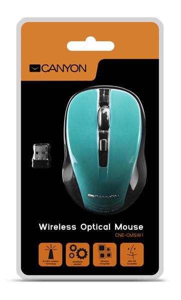 Canyon CNE-CMSW1GR, Wireless optická myš USB, 800/1000/1200 dpi, zeleno-čierna