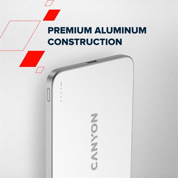 Canyon OnCharge 503, Powerbank, 3 000 mAh, in: USB-C 10W, out: USB-C 10W + Wireless 7.5W, ultratenká, hliníková, šedá
