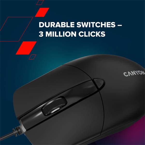 Canyon OnClick 5N, káblová symetrická optická myš, USB, 1600 dpi, 4 tlačidlá, čierna