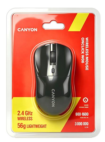 Canyon OnClick W06, bezdrôtová optická myš, 2.4 GHz USB, 800/1200/1600 DPI, 4 tlačidlá, čierna
