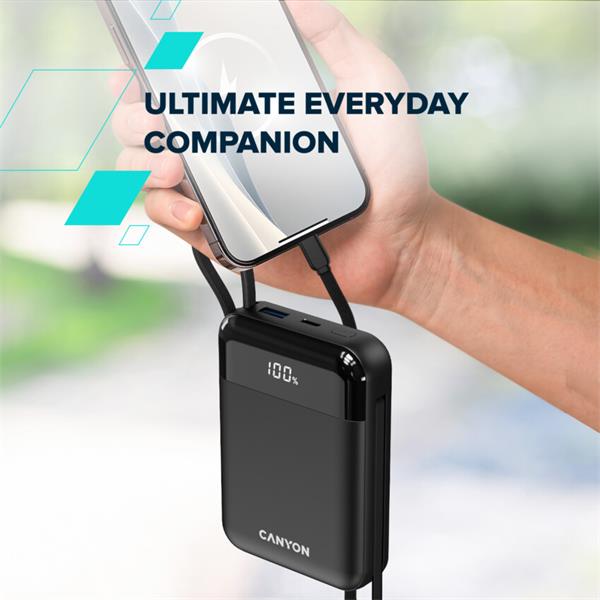 Canyon OnPower 104, powerbanka 10 000 mAh, 22.5 W, USB-C / USB-A, integrované káble USB-C + Lightning, čierna