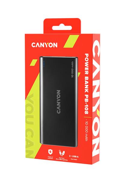 Canyon PB-108, Powerbank, Li-Pol, 10.000 mAh, Vstup: 1x Micro-USB, 1x Lightning, Výstup: 2x USB-A, čierna