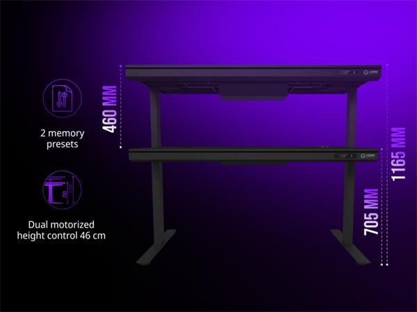 Lorgar DP80W prémiový herný stôl s elektrickým zdvihom, dreveným povrchom a RGB ambientným osvetlením