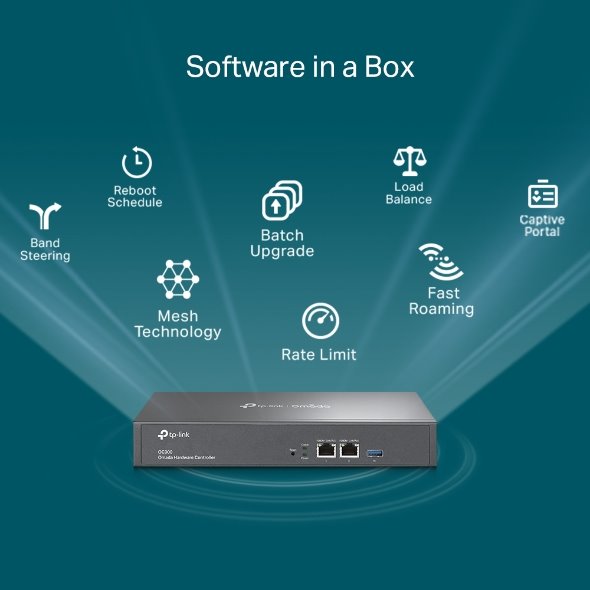 Omada Hardware Controller PORT: 2× 10/100/1000 Mbps Ethernet Ports, 1× USB 3.0 Port FEATURE: Cloud Access, Centralized