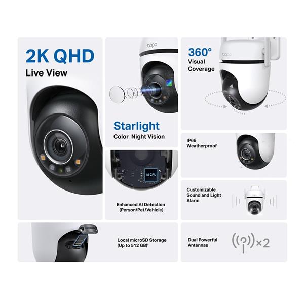 Outdoor Pan/Tilt Security Wi-Fi Camera SPEC: 2K QHD (2560x1440), 2.4 GHz, 2T2R, 2 × External Antennas, 1 × Ethernet Port