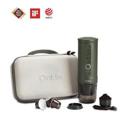 Outin Nano Cestovná sada - prenosný kávovar (lesná zelená) + ochranné puzdro