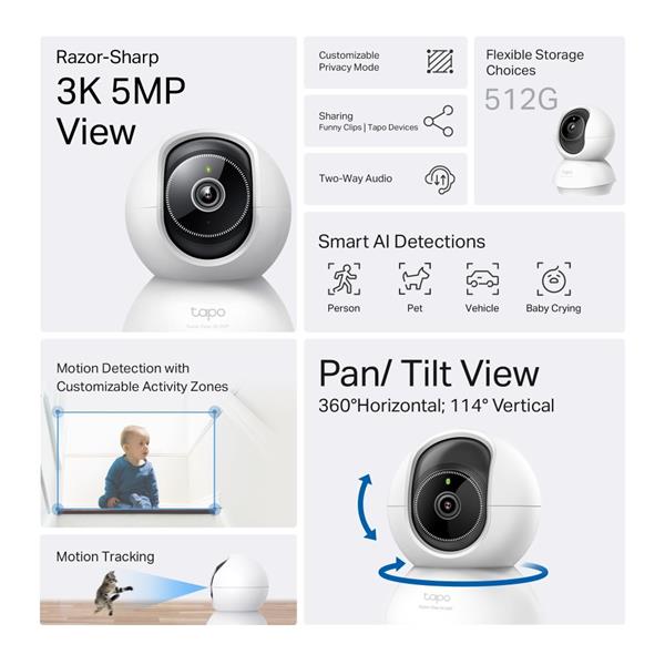 Pan/Tilt AI Home Security Wi-Fi Camera SPEC: 3K 5MP (2880×1620), 2.4 GHz, Horizontal 360o FEATURE: Pan/Tilt, Smart AI D