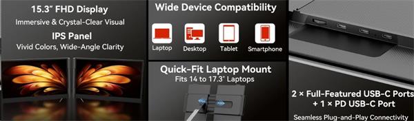 Portable monitor Blackview DCM8 Dual Screen 15.3inch 1920x1200 16:9 LCD 60Hz IPS 178 USB-C 3.1x3, sivo čierny