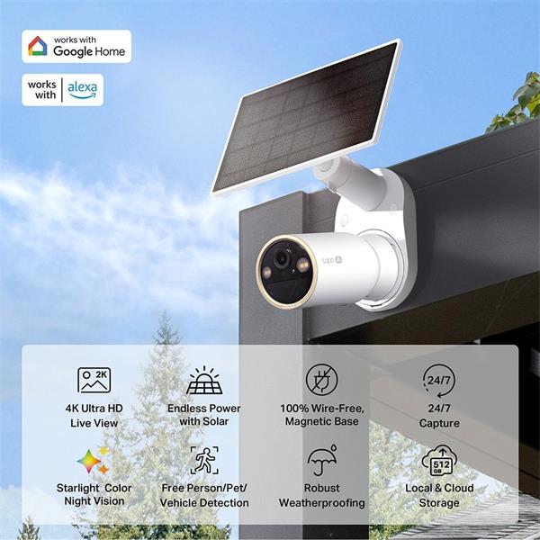Solar-Powered Security Camera Kit 1 × Tapo C460, 1 × Tapo A201 SPEC: 4K UHD (3840x2160), H.265/H.264 Supported, 16x UHD