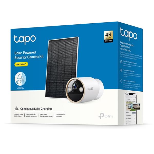 Solar-Powered Security Camera Kit 1 × Tapo C460, 1 × Tapo A201 SPEC: 4K UHD (3840x2160), H.265/H.264 Supported, 16x UHD
