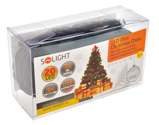 Solight LED vianočná reťaz, 3m, 20xLED, 3x AA, biele svetlo, zelený kábel