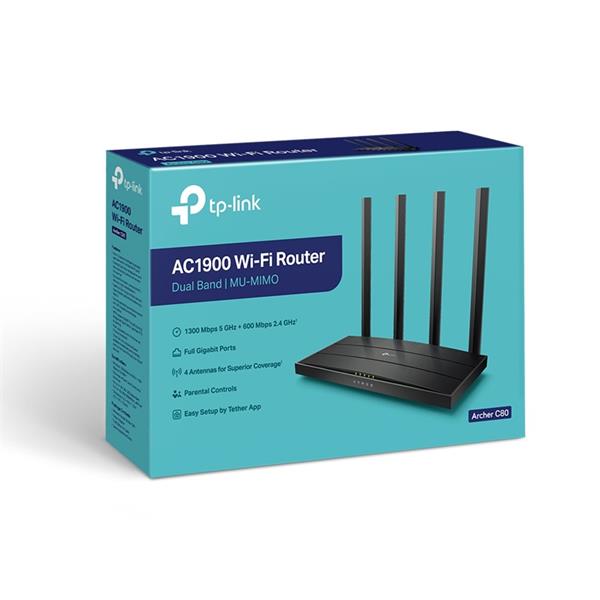 TP-LINK Archer C80 AC1900 Dual-Band Wi-Fi Router, 1300Mbps at 5GHz + 600Mbps at 2.4GHz, 5 Gigabit Ports, 4 antennas