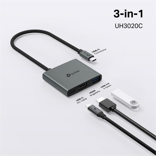 USB Type-C 3-Port Hub SPEC: 1 × USB-C Connector,1 × HDMI 4K 60Hz Port,1 × USB-C PD 100W Port,1 × USB-A 3.0 Ports FEATUR